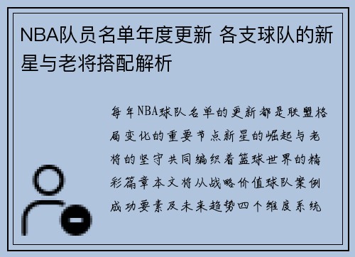 NBA队员名单年度更新 各支球队的新星与老将搭配解析
